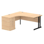 Wood-effect L-shaped desk with metal legs on a white background