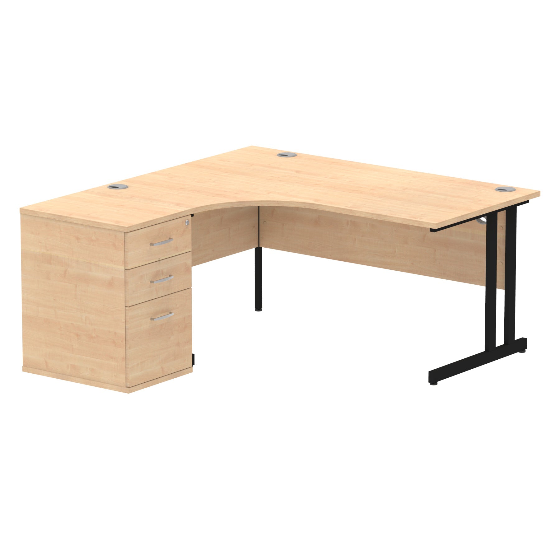 Wood-effect L-shaped desk with metal legs on a white background