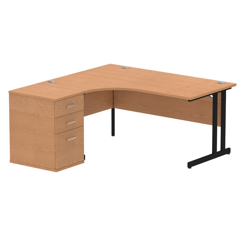 Wood-effect L-shaped desk with metal legs on a white background