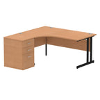 Wood-effect L-shaped desk with metal legs on a white background