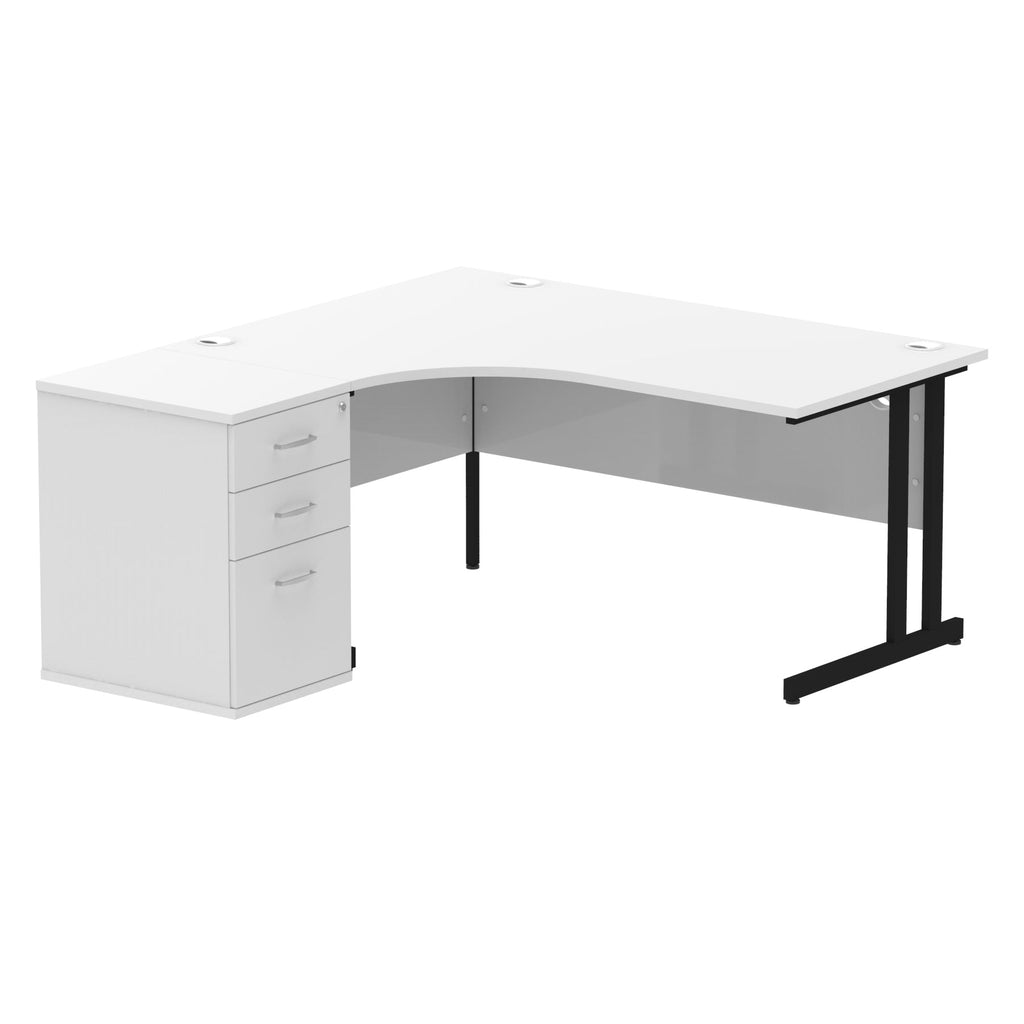 White L-shaped desk with metal legs on a white background