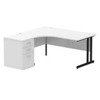 White L-shaped desk with metal legs on a white background