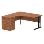 Wood-effect L-shaped desk with metal legs on a white background