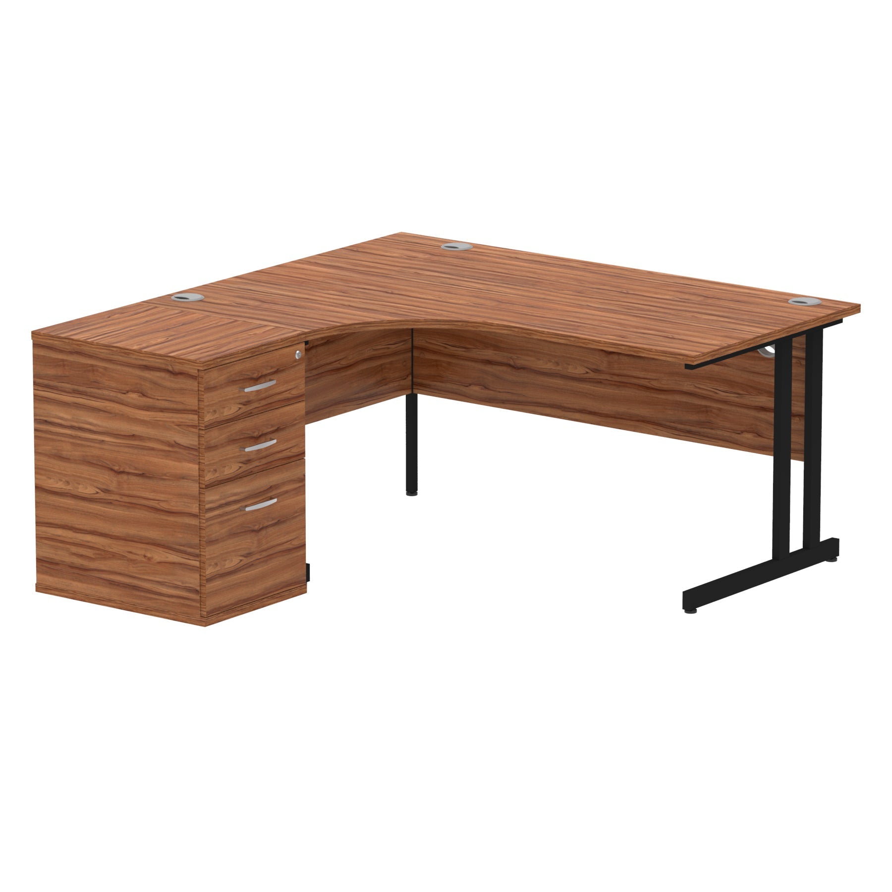 Wood-effect L-shaped desk with metal legs on a white background