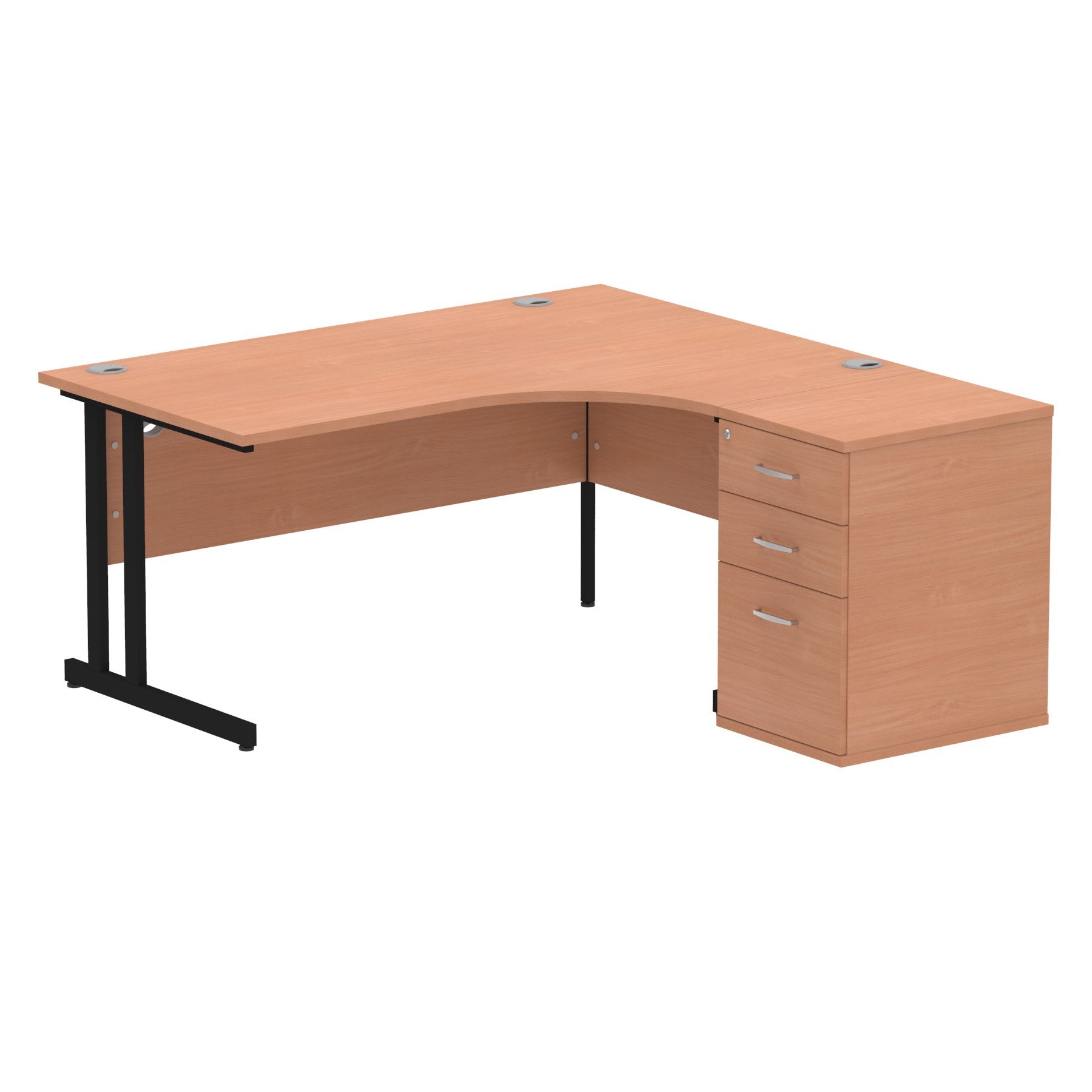 Wood-effect L-shaped desk with metal legs on a white background