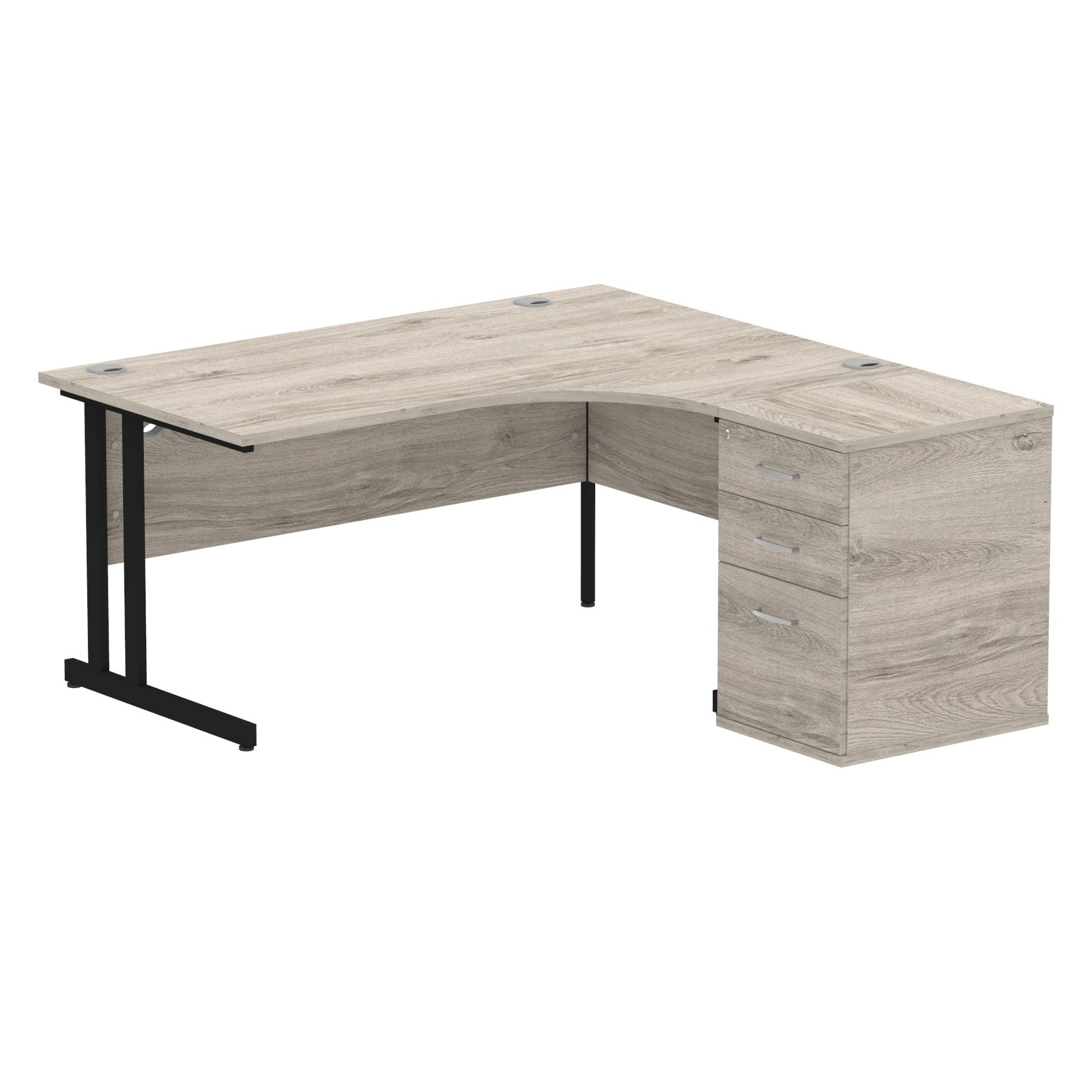 Wood-effect L-shaped desk with metal legs on a white background