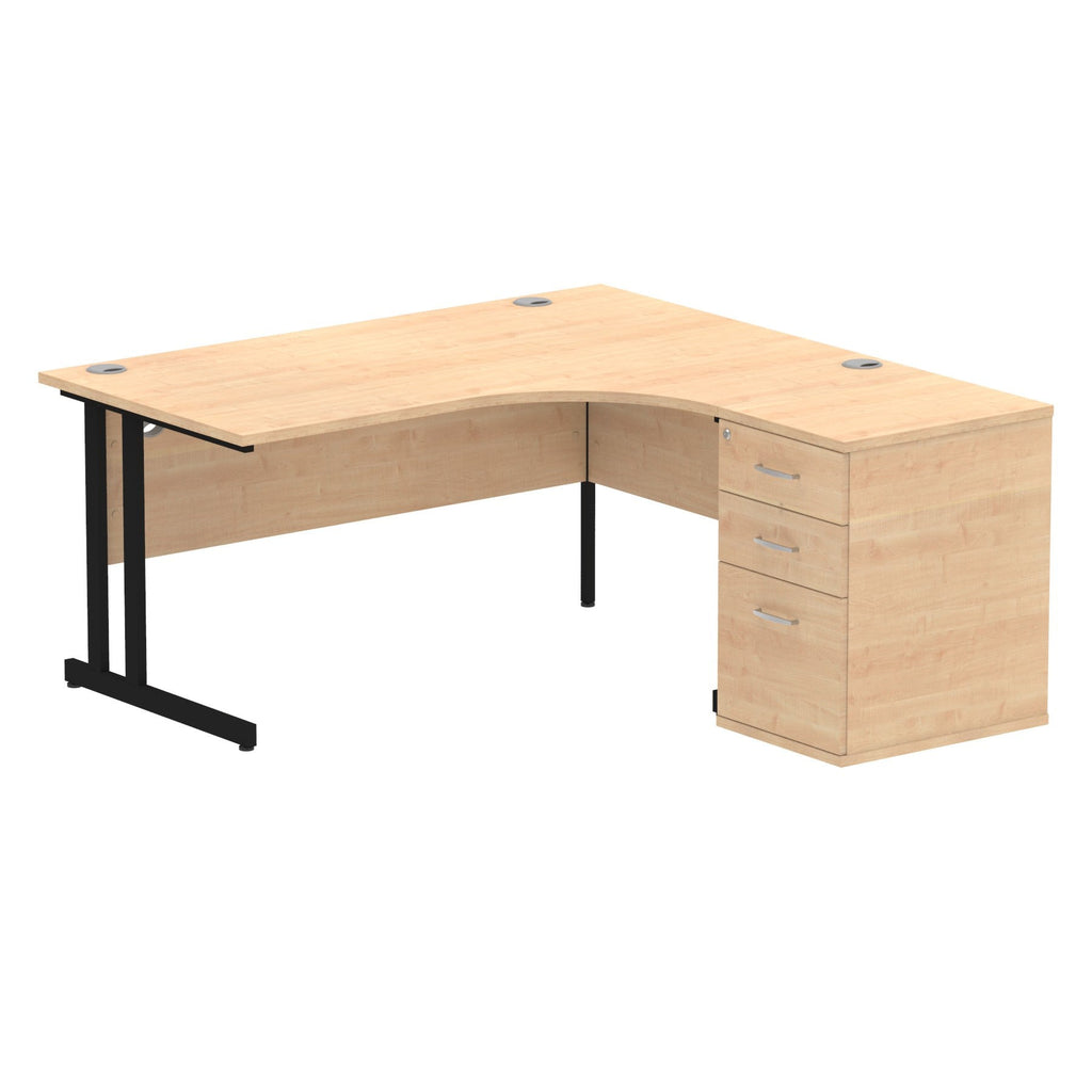 Wood-effect L-shaped desk with metal legs on a white background