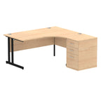 Wood-effect L-shaped desk with metal legs on a white background