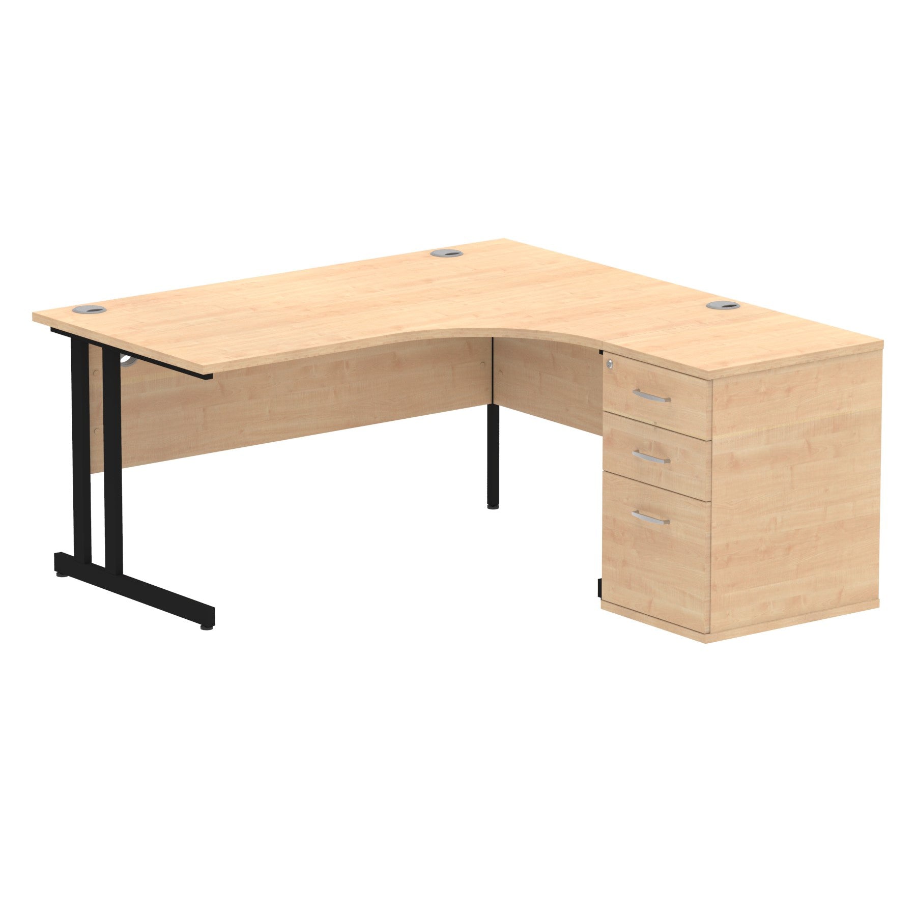 Wood-effect L-shaped desk with metal legs on a white background