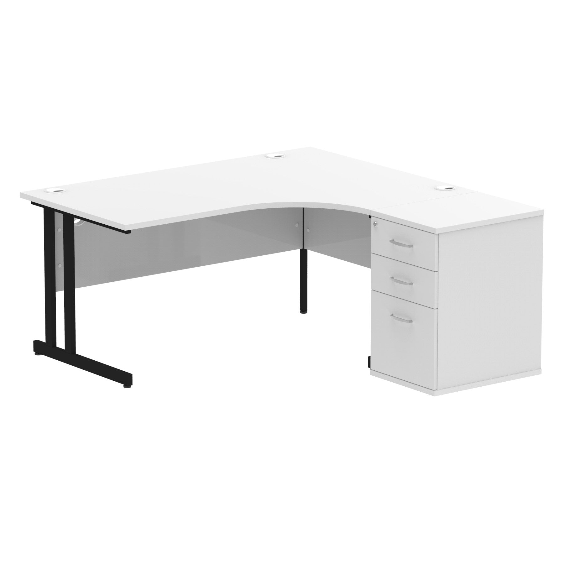 White L-shaped desk with metal legs on a white background