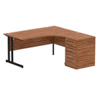 Wood-effect L-shaped desk with metal legs on a white background