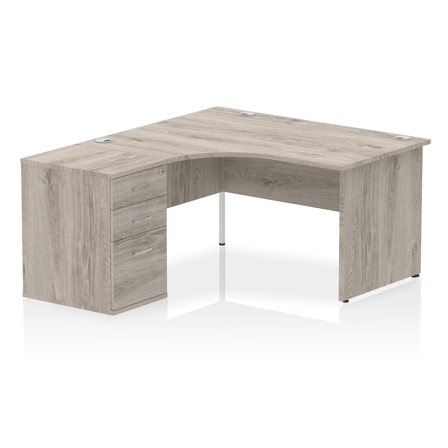 Wood-effect L-shaped desk with drawers on a white background