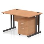Wood-effect office desk with a matching pedestal unit and a metal frame on a white background