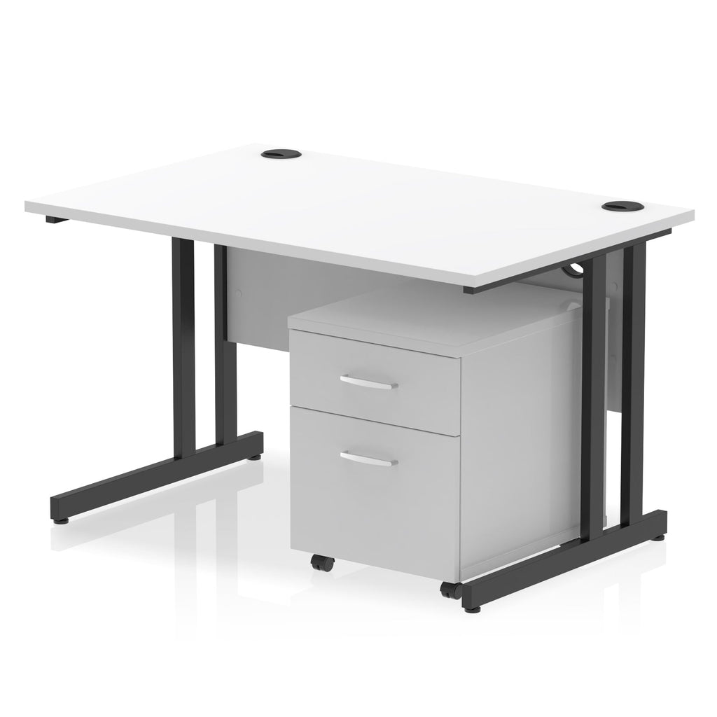 White office desk with a matching pedestal unit and a metal frame on a white background