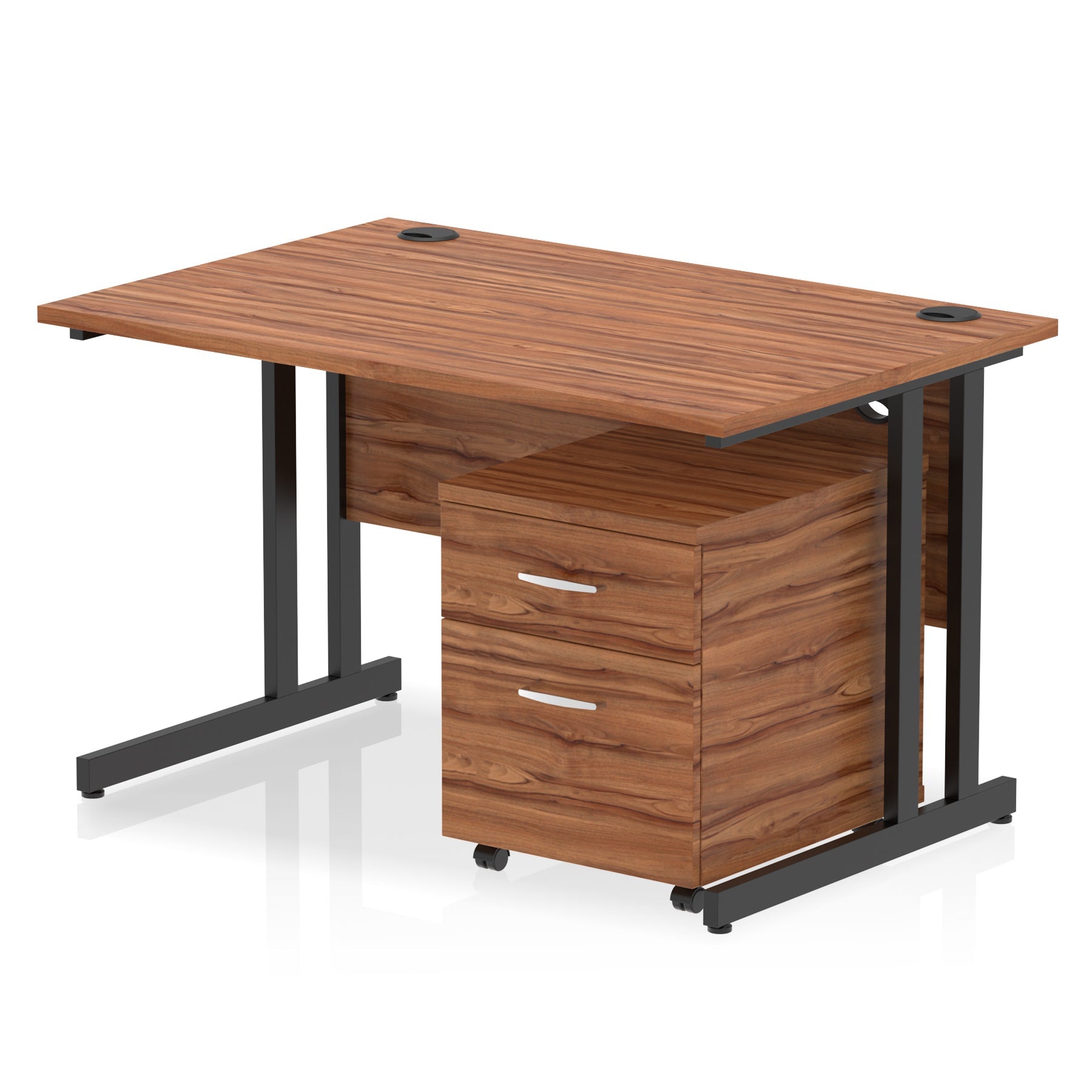 Wood-effect office desk with a matching pedestal unit and a metal frame on a white background