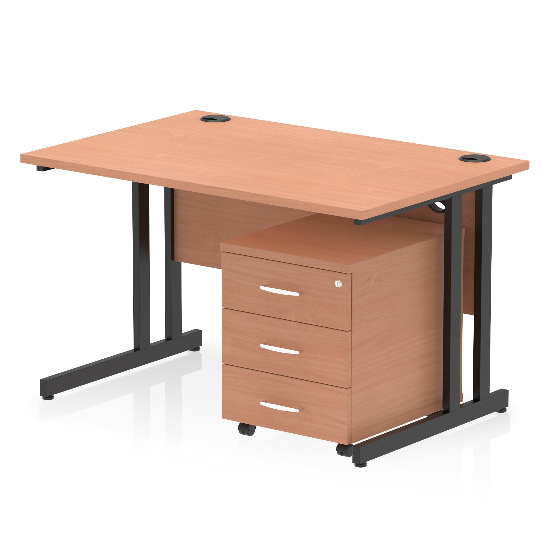 Wood-effect office desk with a matching pedestal unit and a metal frame on a white background
