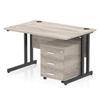Grey wood-effect office desk with a matching pedestal unit and a metal frame on a white background