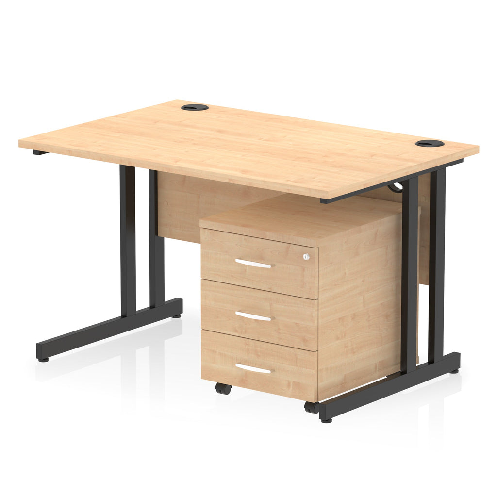 Wood-effect office desk with a matching pedestal unit and a metal frame on a white background