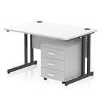 White office desk with a matching pedestal unit and a metal frame on a white background