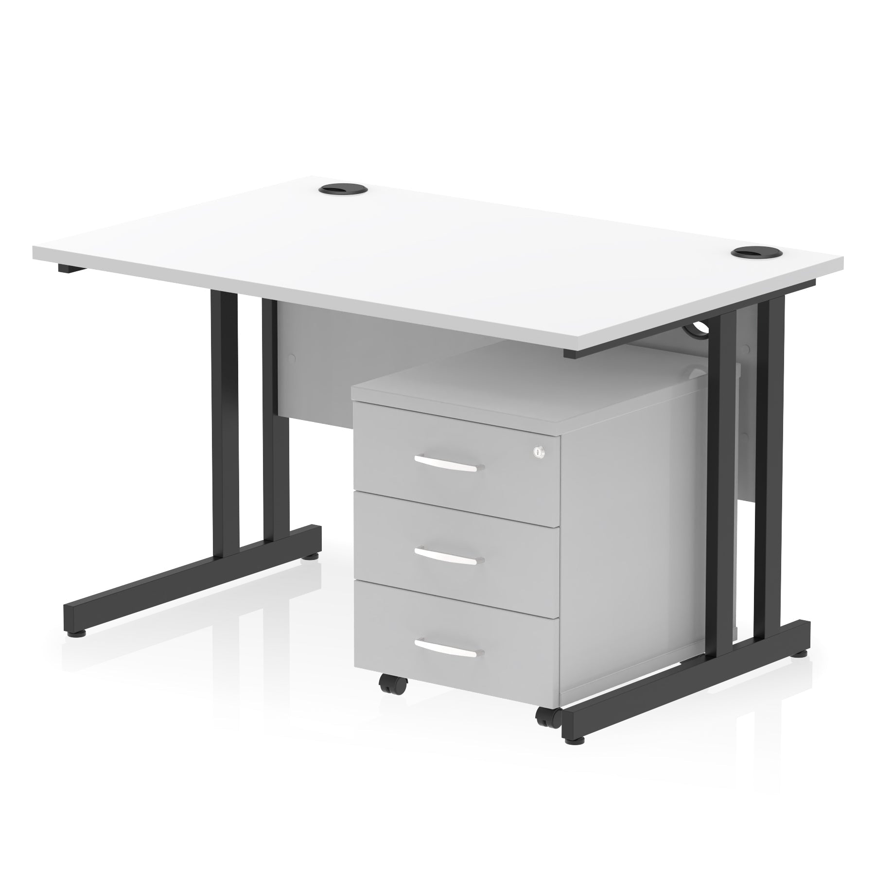 White office desk with a matching pedestal unit and a metal frame on a white background