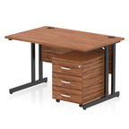 Wood-effect office desk with a matching pedestal unit and a metal frame on a white background
