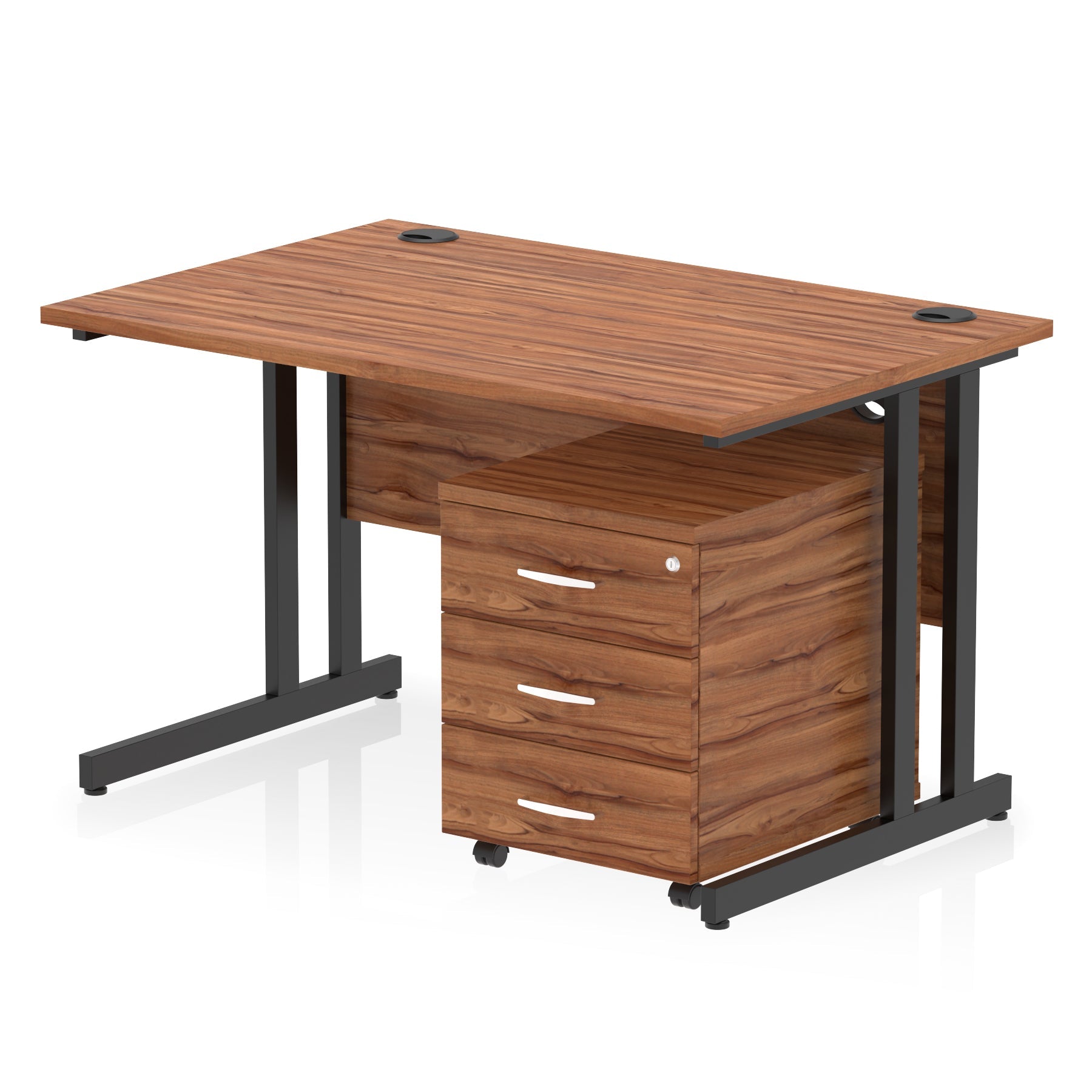 Wood-effect office desk with a matching pedestal unit and a metal frame on a white background