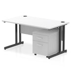 White office desk with a matching pedestal unit and a metal frame on a white background