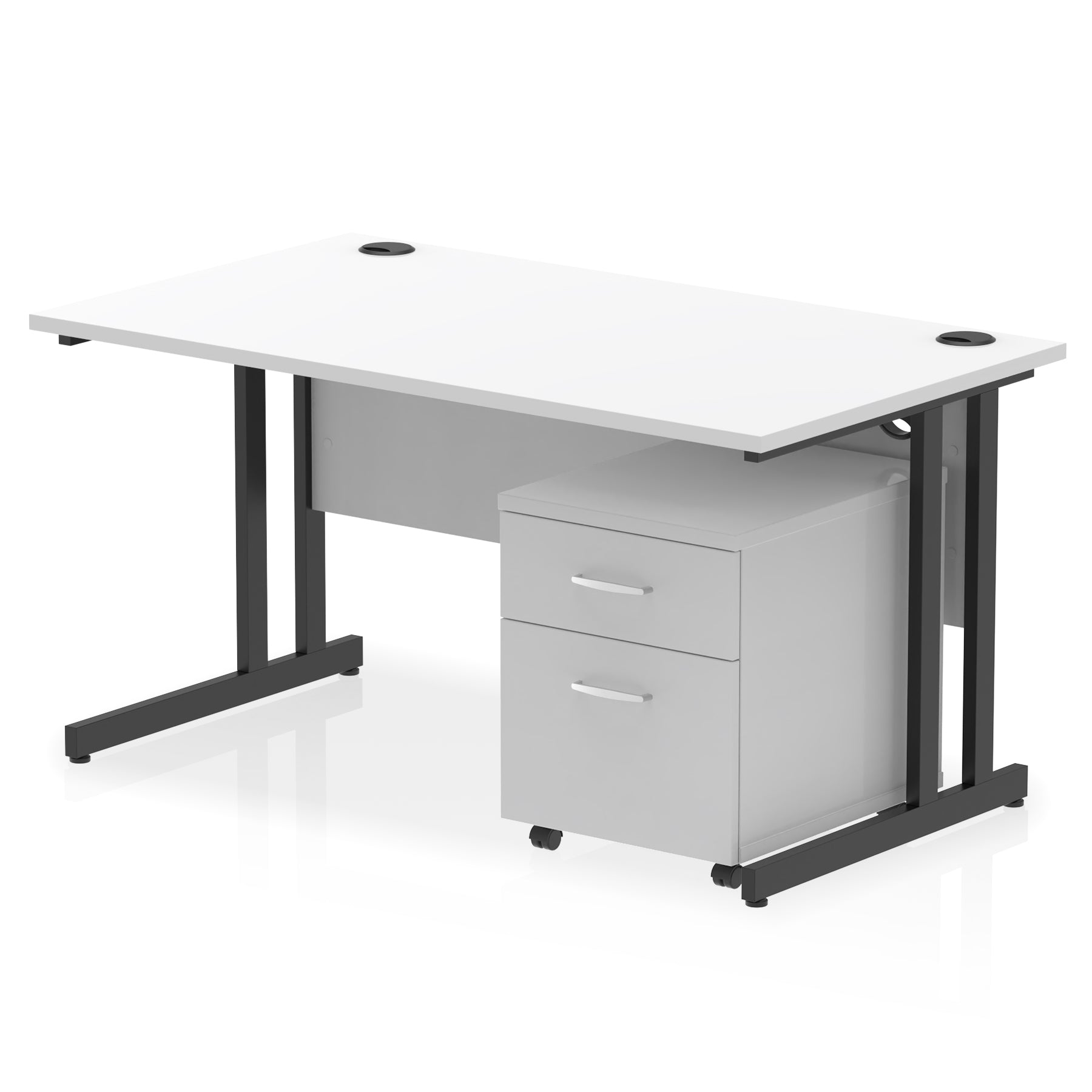 White office desk with a matching pedestal unit and a metal frame on a white background