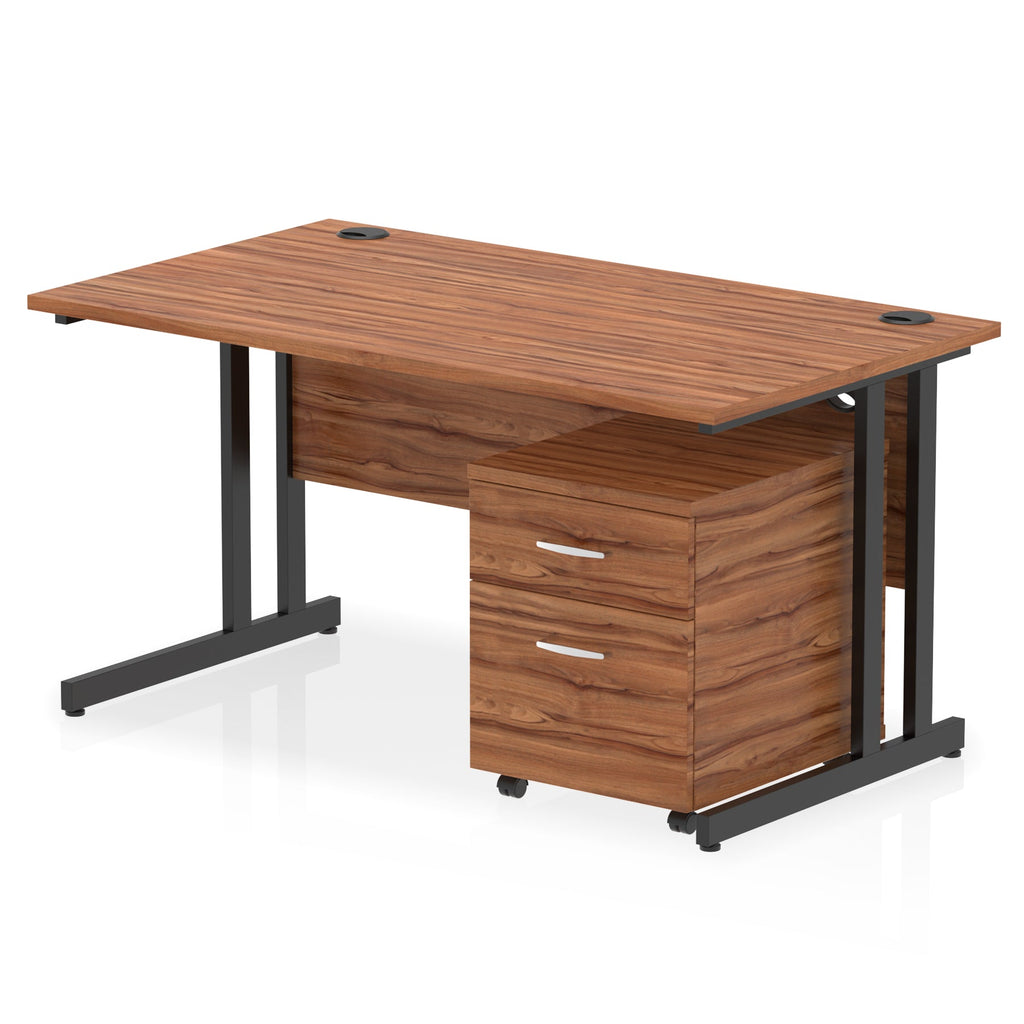 Wood-effect office desk with a matching pedestal unit and a metal frame on a white background