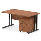 Wood-effect office desk with a matching pedestal unit and a metal frame on a white background