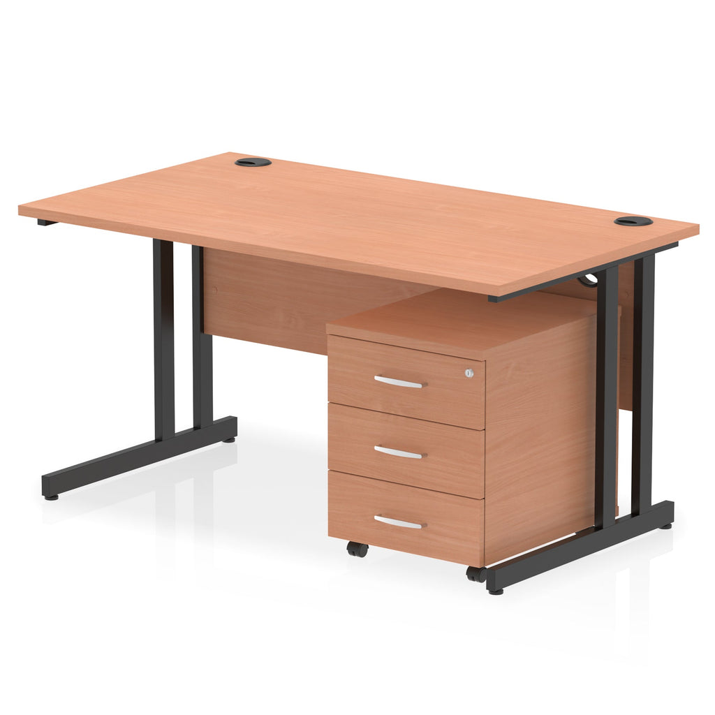 Wood-effect office desk with a matching pedestal unit and a metal frame on a white background