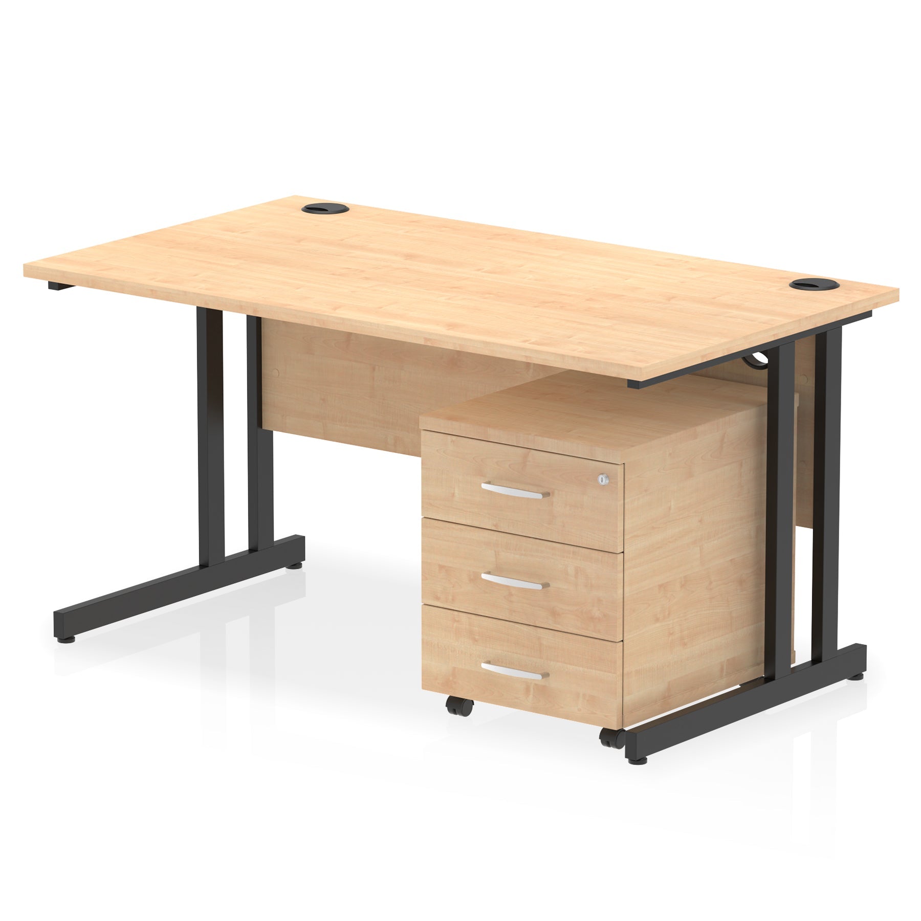 Wood-effect office desk with a matching pedestal unit and a metal frame on a white background