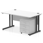 White office desk with a matching pedestal unit and a metal frame on a white background