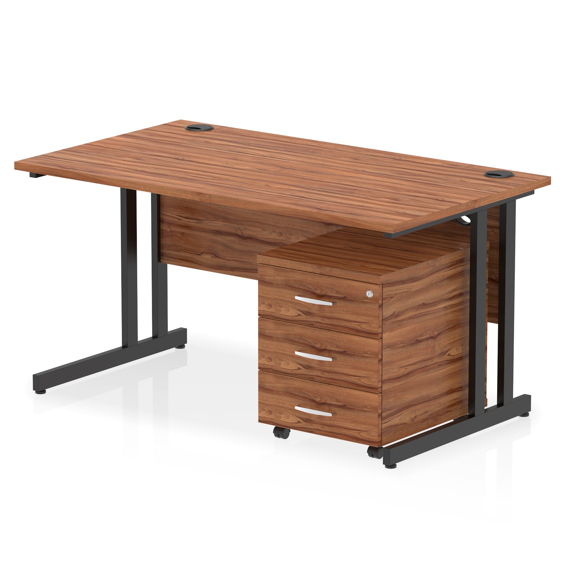 Wood-effect office desk with a matching pedestal unit and a metal frame on a white background
