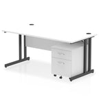 White office desk with a matching pedestal unit and a metal frame on a white background