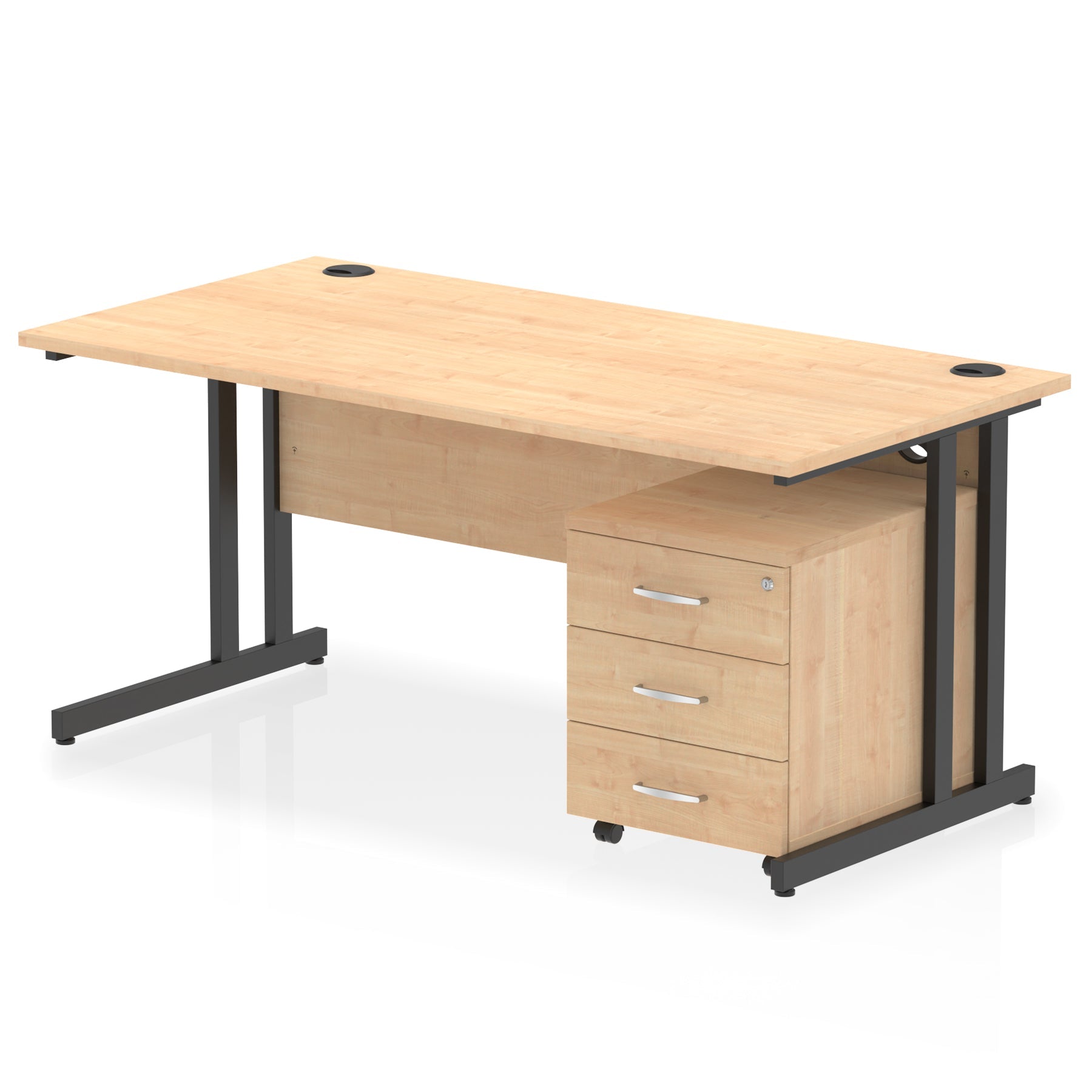 Wood-effect office desk with a matching pedestal unit and a metal frame on a white background