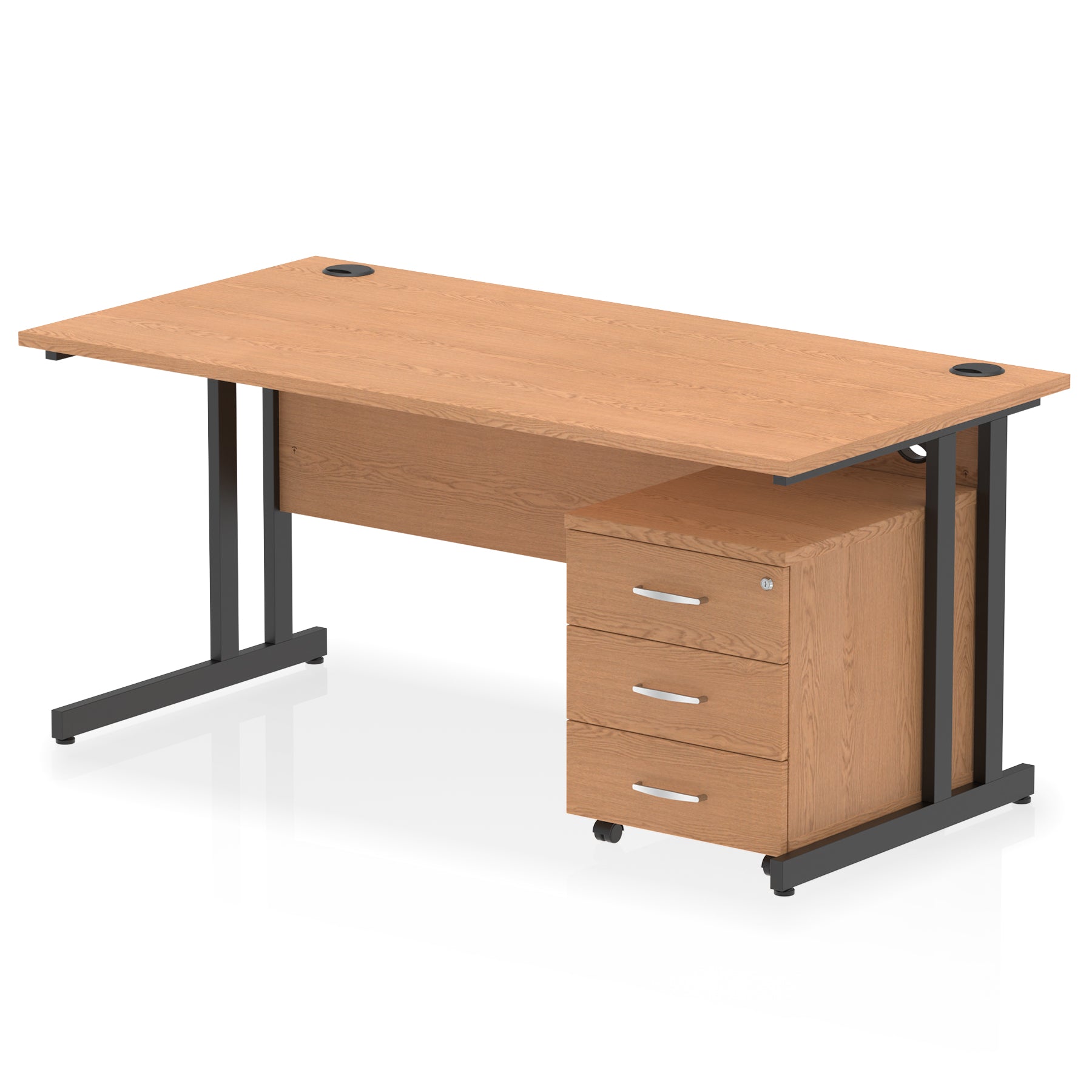 Wood-effect office desk with a matching pedestal unit and a metal frame on a white background