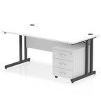White office desk with a matching pedestal unit and a metal frame on a white background