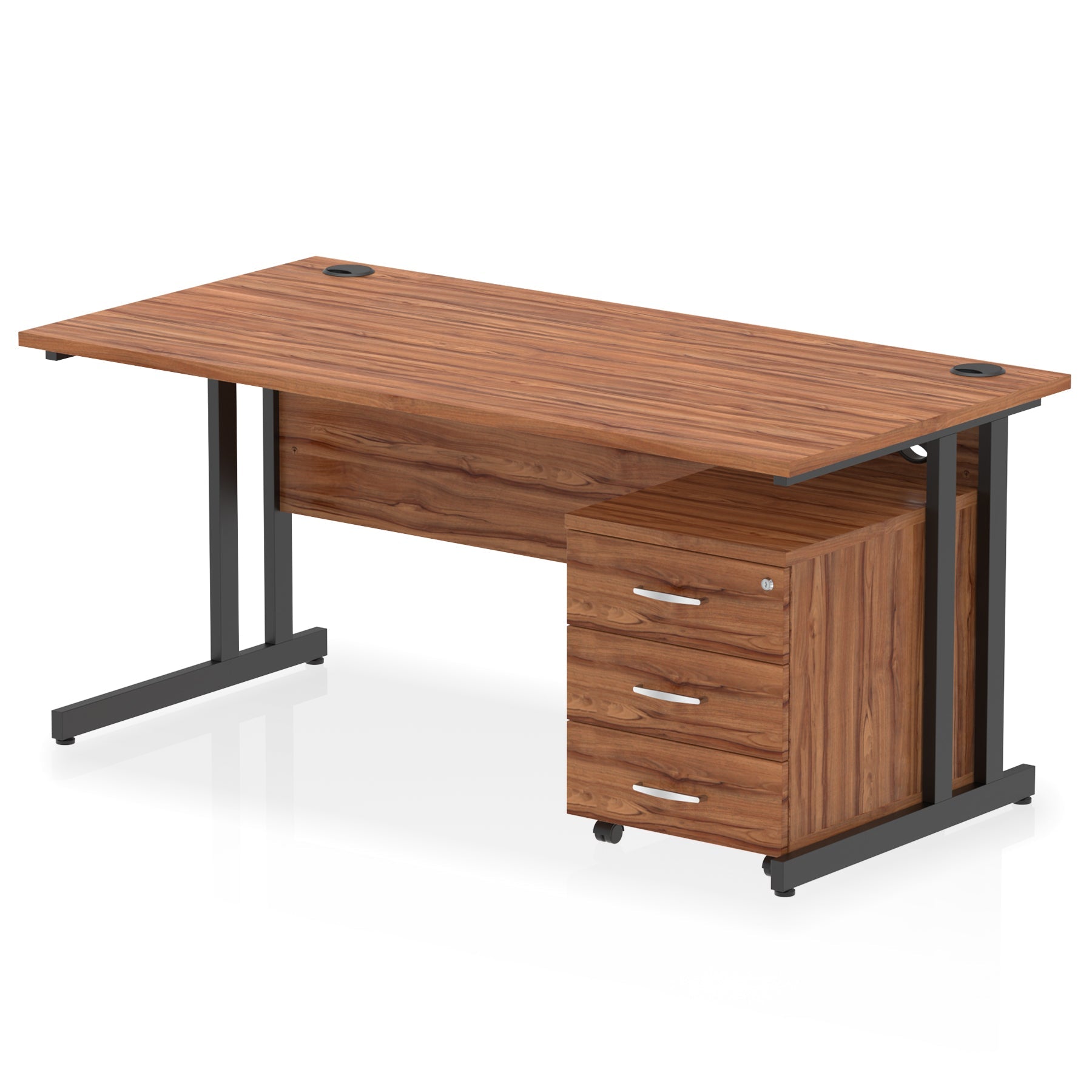 Wood-effect office desk with a matching pedestal unit and a metal frame on a white background