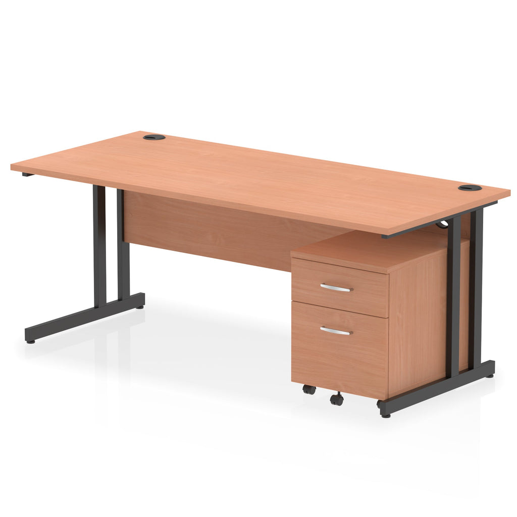 Wood-effect office desk with a matching pedestal unit and a metal frame on a white background