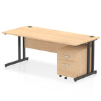 Wood-effect office desk with a matching pedestal unit and a metal frame on a white background