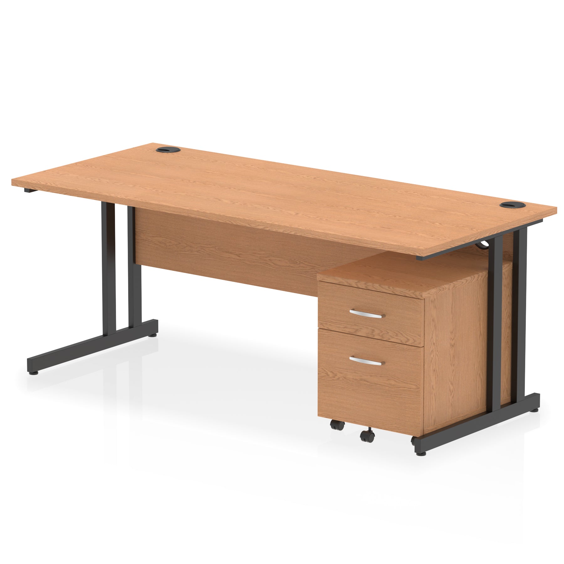 Wood-effect office desk with a matching pedestal unit and a metal frame on a white background