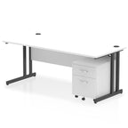 White office desk with a matching pedestal unit and a metal frame on a white background