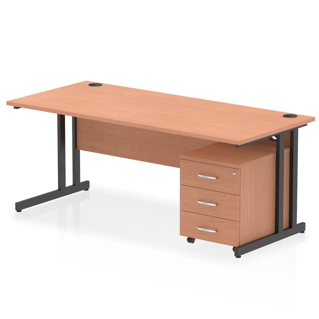 Wood-effect office desk with a matching pedestal unit and a metal frame on a white background