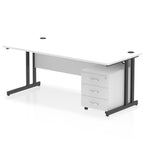 White office desk with a matching pedestal unit and a metal frame on a white background