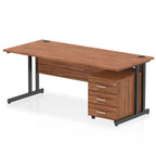 Wood-effect office desk with a matching pedestal unit and a metal frame on a white background