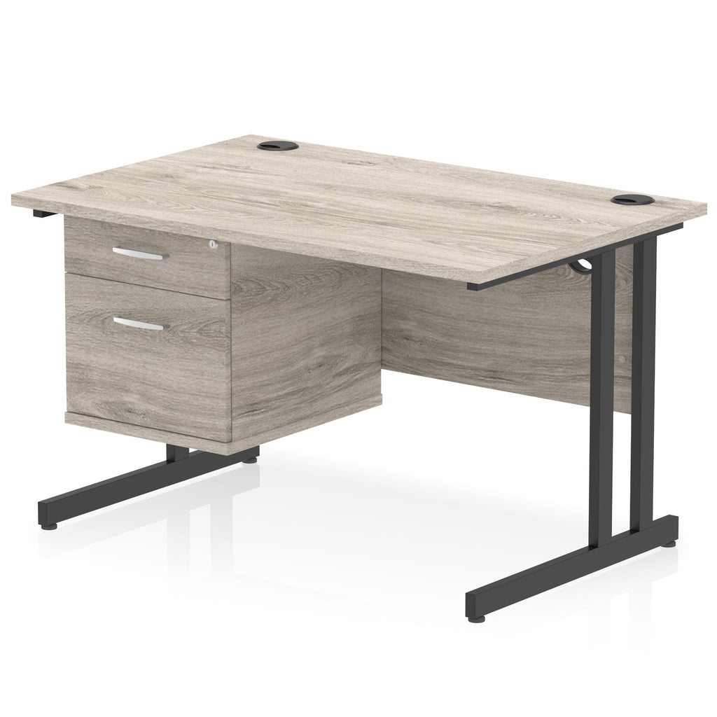 Office desk with grey wood-effect top and fixed pedestal with metal frame on a white background 
