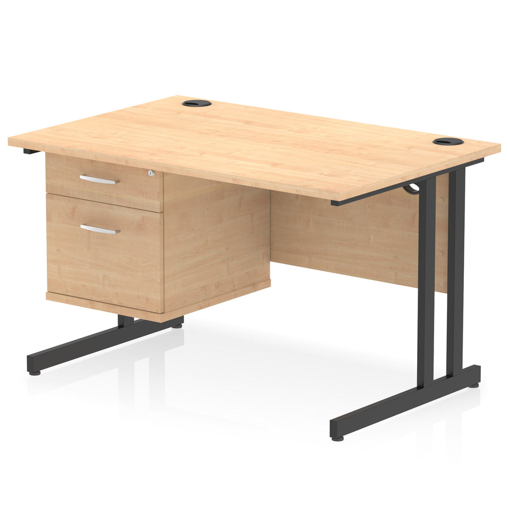 Office desk with wood-effect top and fixed pedestal with metal frame on a white background 