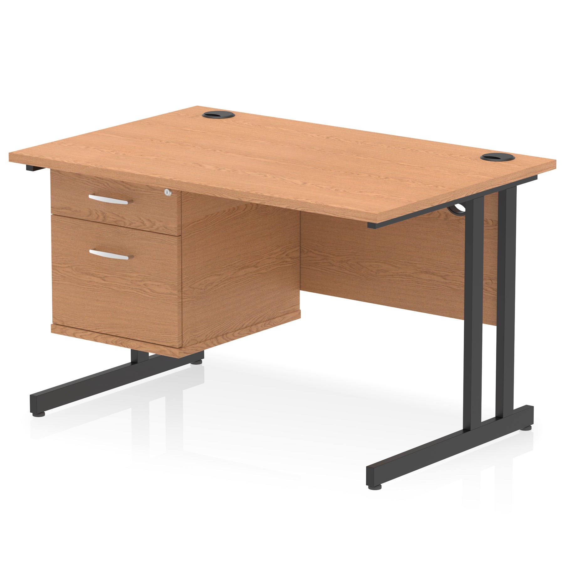 Office desk with wood-effect top and fixed pedestal with metal frame on a white background 
