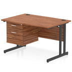 Office desk with wood-effect top and fixed pedestal with metal frame on a white background 